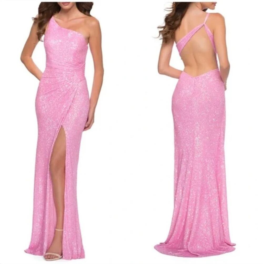 La Femme Women Pink Sequin Formal One-Shoulder Open Back Long Prom Dress Size 8